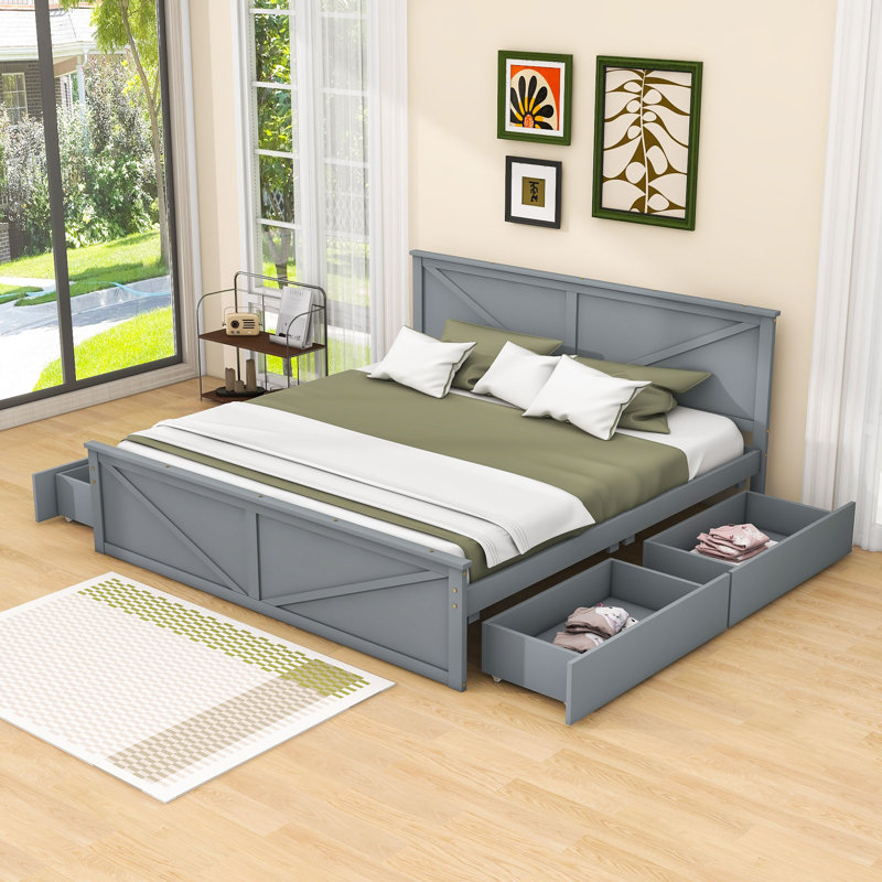 Red Barrel Studio King Size Four Drawers Wooden Platform Bed with Headboard and Footboard